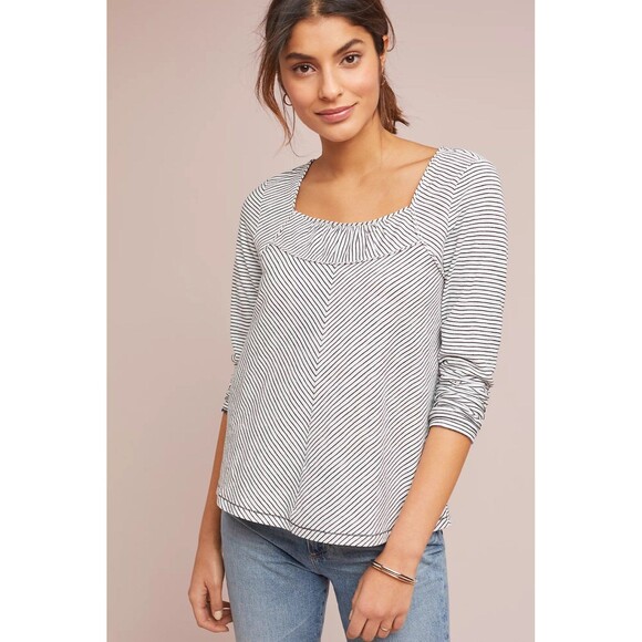 Anthropologie MaEve Kenley Mini Pleats Neckline Stripe Long Sleeve Top M - Picture 2 of 10